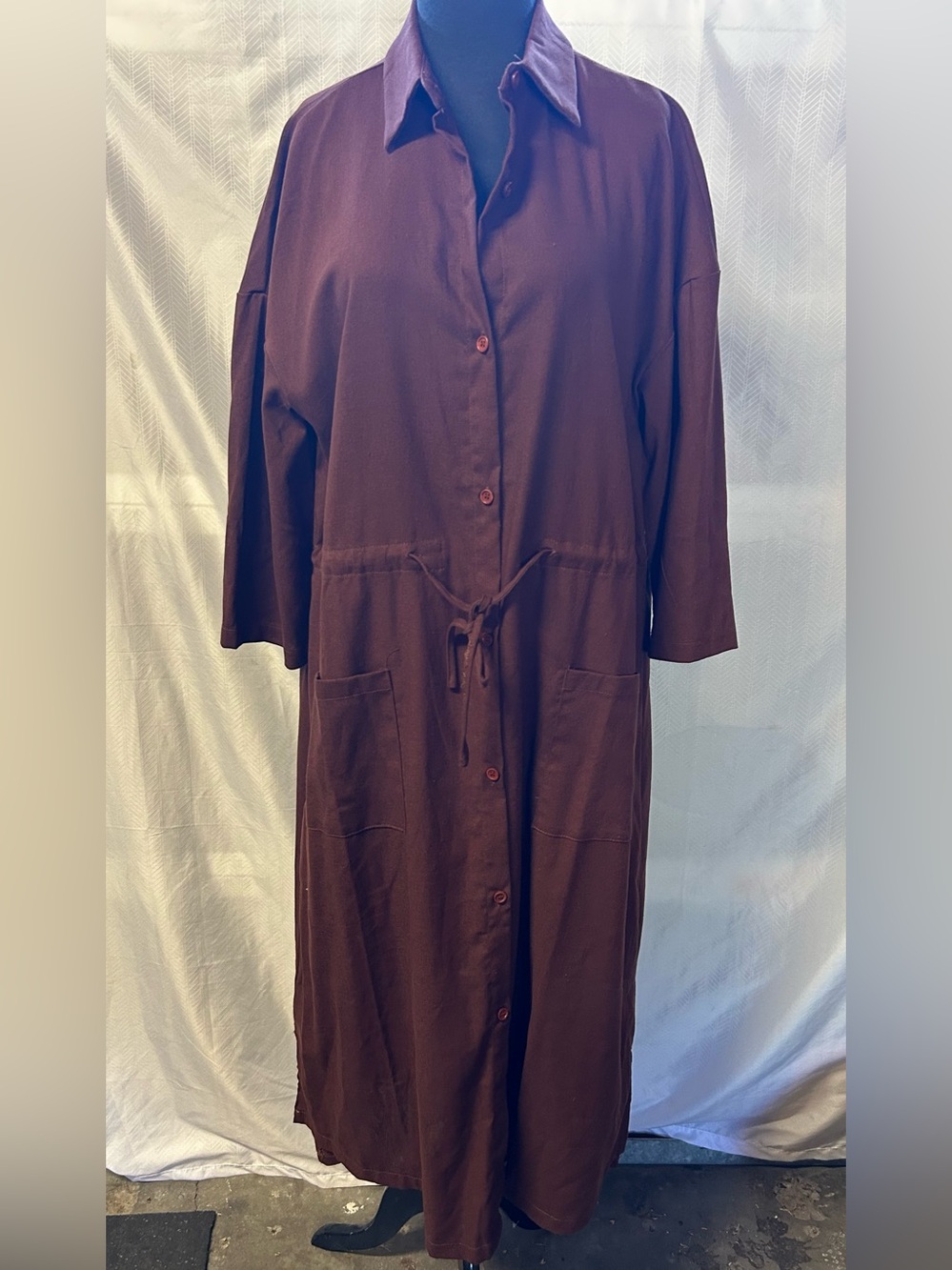 Women's Long Button-Front Maxi Shirtdress in Deep Burgundy